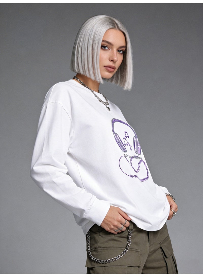Purple Headphones Music Graphic Long Sleeve  Purple Headphones Music Graphic Long Sleeve Tee | UniseTee | Unisex Oversized Couple T-Shirt For Street & Daily Style - Image 1